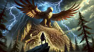 Chayton se encuentra frente al inmenso nido del Thunderbird en la cima de una montaña durante una tormenta.