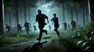 Joel guía a Ellie mientras corren por un bosque oscuro, huyendo de unos supervivientes armados que los persiguen.