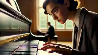 Frances toca el piano con tensión en los dedos mientras su profesora la observa en silencio, reflejando su lucha interna.