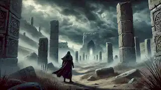 Malik entra en el Valle de los Djinn, rodeado de antiguas ruinas y un cielo tormentoso, con enigmáticos grabados en los pilares de piedra.