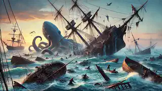 Los sobrevivientes se aferran a los restos después de un ataque del Kraken, mientras el amanecer se asoma sobre el Atlántico Norte.