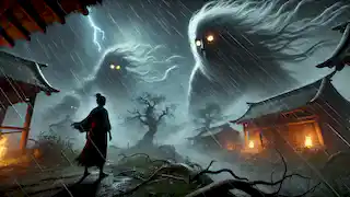 Mei, agora idosa, enfrenta espíritos sombrios em uma noite tempestuosa, pronta para se sacrificar para proteger a aldeia.