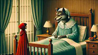 El lobo disfrazado de abuela en la cama, hablando con Caperucita Roja.