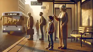 Na última parada, Amir e sua avó observam as paisagens e as pessoas ao redor deles em um ponto de ônibus da cidade.