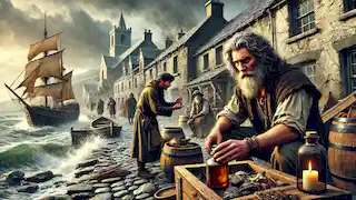 Un pescador prepara su bote mientras los aldeanos lo observan con preocupación, en una tormentosa aldea pesquera medieval irlandesa.