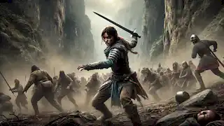 Mulan guía a los soldados a través de un estrecho paso montañoso durante una feroz batalla, empuñando su espada con precisión.