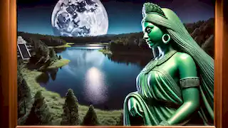 Chalchiuhtlicue vigila un tranquilo lago iluminado por la luna, su figura reflejada en el agua.