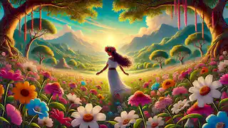 Xochiquetzal camina por un tranquilo campo de flores, dejando un rastro de belleza mientras las montañas se alzan en la distancia.