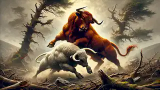 En un caótico y brumoso paisaje irlandés lleno de destrucción, Donn Cúailnge se enfrenta a Finnbhennach, los legendarios toros.