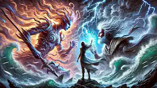 Elara se enfrenta al Rey Elemental del Viento en medio de una tormenta furiosa.