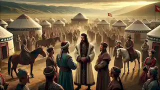 Manas, en sus últimos años, interactúa con los aldeanos de una pacífica aldea kirguisa, reflexionando sobre su legado.