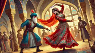 Morgiana realizando la danza de los dagas, a punto de acabar con el líder de los ladrones.