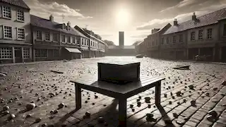 La plaza del pueblo vacía, con una caja de madera negra sobre una mesa y piedras esparcidas por el suelo.