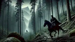 Rostam cabalga a través de un bosque brumoso, con su espada desenvainada, dirigiéndose hacia la sombría guarida del Div-e Sefid.