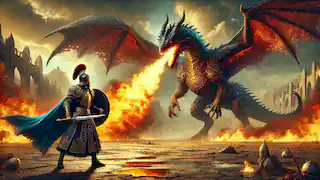Esfandiyar se enfrenta a un colosal dragón que lanza fuego en un yermo desolado, sosteniendo su escudo.