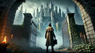 Heinrich se encuentra ante las imponentes puertas del castillo de Eschtheim, envuelto en una bruma misteriosa.