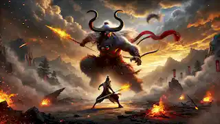 Sun Wukong y Niu Mowang se enfrentan en una feroz batalla final cerca de la Cueva de las Nubes de Fuego, rodeados de llamas y polvo.