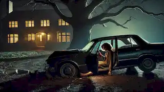 El coche chocado de Eleanor reposa junto a un gran árbol fuera de Hill House, de noche, con su cuerpo sin vida detrás del volante.