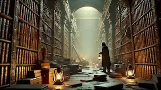 Edgar descubriendo una biblioteca subterránea oculta, repleta de libros antiguos y pergaminos, débilmente iluminada por faroles dispersos.