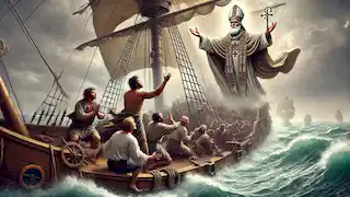 Der Heilige Nikolaus besänftigt eine stürmische See und bringt Hoffnung sowie Sicherheit für die Seeleute an Bord eines in Not geratenen Schiffes.