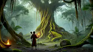 João se encuentra ante un enorme árbol antiguo en la selva mientras el Curupira le explica su importancia y secretos.