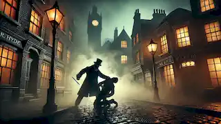 Sir Danvers Carew es atacado por el Sr. Hyde en una calle oscura y brumosa de Londres.