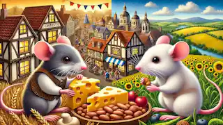 Une souris de ville et une souris des champs partagent un repas de fromage et de haricots, venant de milieux contrastés.
