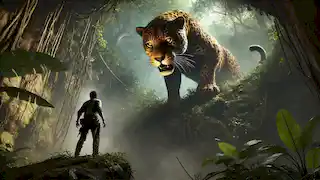 João se enfrenta a un enorme jaguar en un foso poco profundo, mientras la densa jungla que lo rodea está llena de peligro y tensión.
