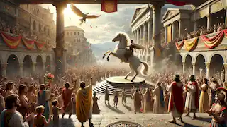 Les habitants de Lycie célèbrent la victoire de Bellerophon, acclamant dans les rues alors que Bellerophon chevauche Pégase devant le roi Iobatès.