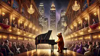 Un oso se presenta en un piano de cola en un escenario, frente a un auditorio repleto.