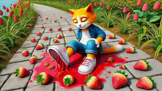Las zapatillas de Pete se ponen rojas después de que pisa un montón de fresas jugosas, pero él sigue sonriendo.