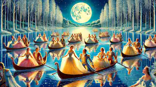 Princesas y príncipes cruzando un lago resplandeciente en botes bajo la luz de la luna, rodeados de encantadores árboles plateados.