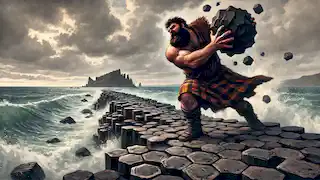 Finn MacCool arrojando grandes piedras al mar, construyendo la Calzada del Gigante bajo un cielo nublado.