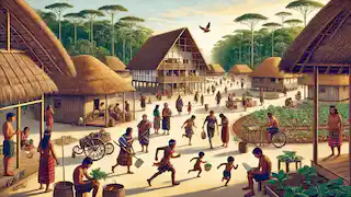 Los guaraníes en un pueblo moderno combinan su vida tradicional con herramientas contemporáneas, rodeados de un frondoso bosque.
