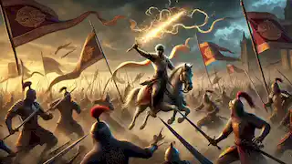 El Príncipe Bantugan lidera el ejército de Bumbaran en la batalla contra las fuerzas de Kalandugan, empuñando su brillante espada Kampilan.