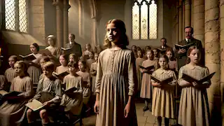 Esmé, una niña reflexiva, canta con un coro infantil en una iglesia de piedra tenuemente iluminada en 1944.