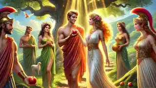 Páris de Troya sostiene la manzana dorada, eligiendo a Afrodita como la más bella, mientras Atenea y Hera lo observan de cerca.