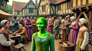 A garota, totalmente integrada à vida da aldeia, está em um mercado medieval animado, conversando com os aldeões.