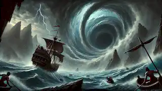 El barco de Ulises logra escapar por poco del remolino de Caribdis mientras los relámpagos iluminan el cielo tempestuoso.