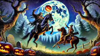 El Jinete Sin Cabeza lanzando una calabaza a Ichabod Crane en una noche iluminada por la luna.