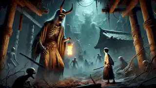 Izanagi en el inframundo de Yomi, atónito al ver la forma descompuesta de Izanami mientras se prepara para huir de aquel reino oscuro.