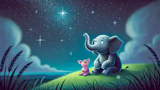 Gerald y Piggie miran el cielo estrellado; Gerald está maravillado, mientras que Piggie parece contento con su reacción.