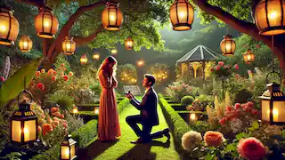 Une proposition romantique dans un jardin sous des lanternes.