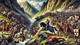 La batalla del Paso de Roncevaux, donde caballeros se enfrentan a los sarracenos en un angosto paso montañoso.
