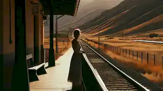 Una mujer de pie en el borde de un andén de tren, mirando las vías y las colinas distantes bajo la luz del atardecer.