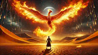 Samai se mantiene firme en el desierto mientras un fénix de fuego desciende hacia él, con sus alas resplandeciendo en llamas.
