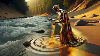 El rey Midas se lava las manos en el río Pactolo, observando cómo el tono dorado se desvanece mientras levanta la maldición.