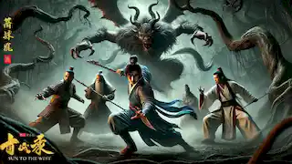 Sun Wukong y sus compañeros luchan contra un feroz demonio en un oscuro y retorcido bosque, donde la tensión y el peligro flotan en el ambiente.