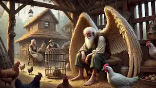 El anciano con alas se sienta en silencio en el gallinero, mientras la lujosa casa de Pelayo y Elisenda se erige imponente en el fondo.