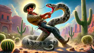 Pecos Bill luchando contra una enorme serpiente de cascabel en el desierto, mostrando su fuerza y valentía.